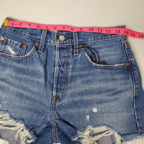 Levi’s Premium 501 High Rise Cutoff Jeans Shorts 26 Blue Distressed Button Fly - Picture 8 of 11